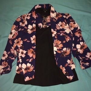 Black Top and Floral Cardigan Set